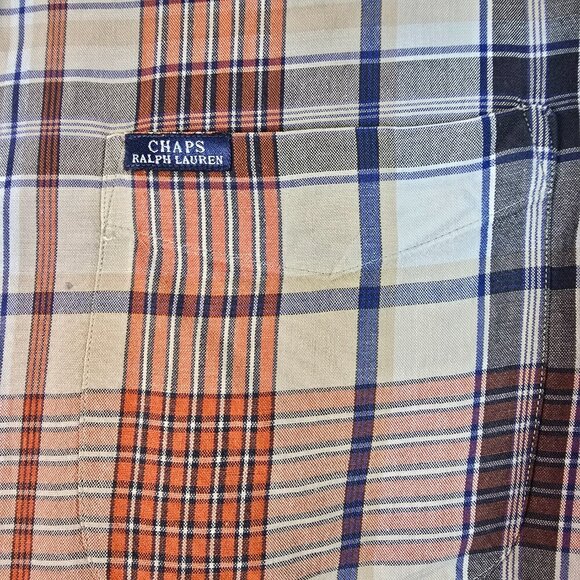 CHAPS BY RALPH LAUREN SHORT SLEEVE BUTTON DOWN ORANGE AND BLUE PLAID LARGE - Picture 3 of 7